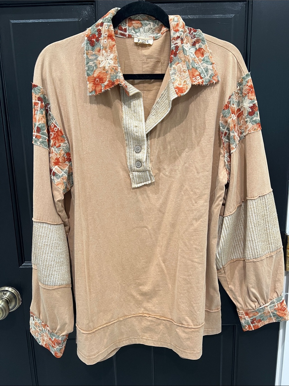 Women's Beige Floral-Trim Long Sleeve Polo Top